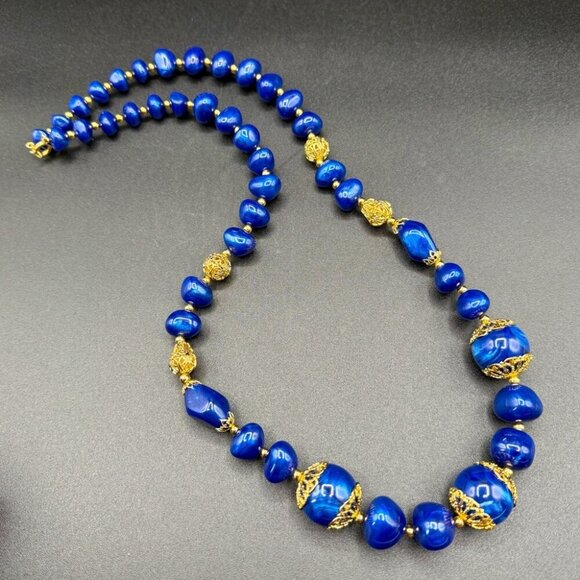 Trifari Signed Blue and Gold Beaded Filigree Elegant Necklace - Picture 1 of 9